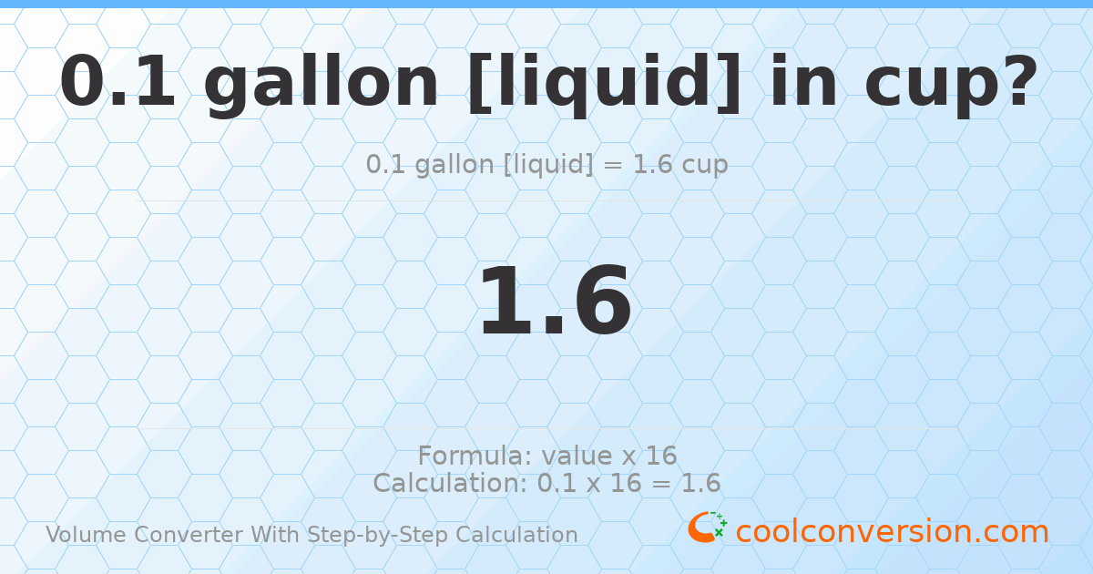 0.1 gallons [liquid] = 1.6 cups